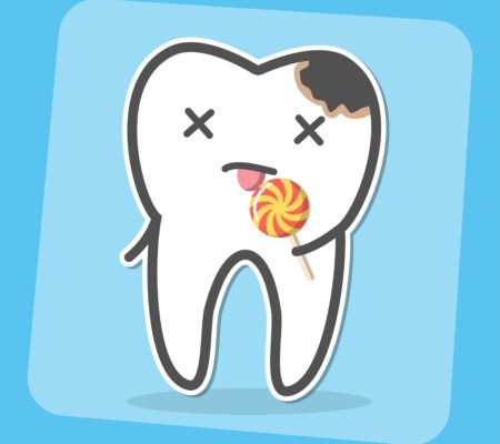 Cartoon image of cavity in a tooth that is eating a lollypop