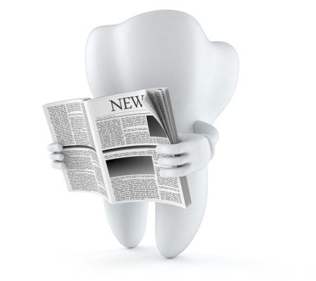 Tooth character reading newspaper on white background