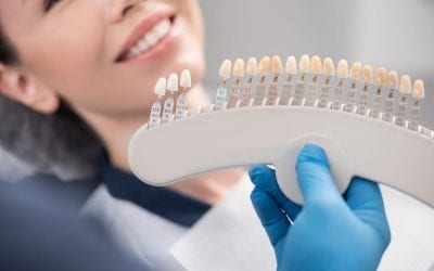 Orthodontist arms showing teeth implants to patient.